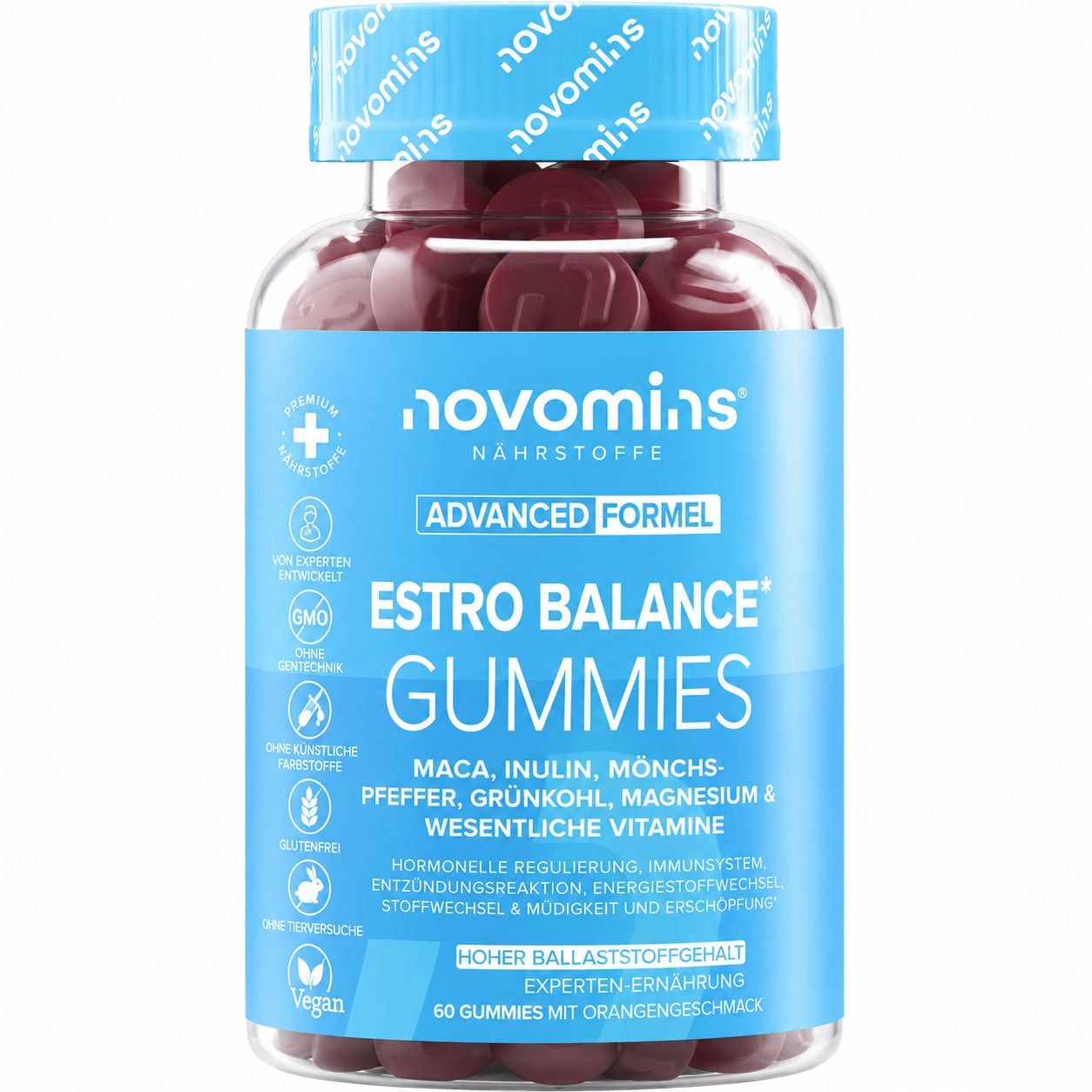 Novomins Estro Balance Gummies, 60 Stück, Orangengeschmack.