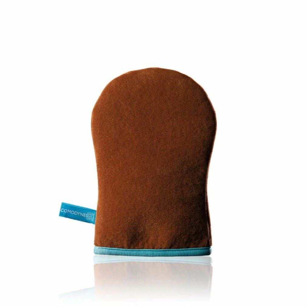 Brauner Handschuh mit blauem Saum und Label. Label mit "comodynes" Schriftzug.