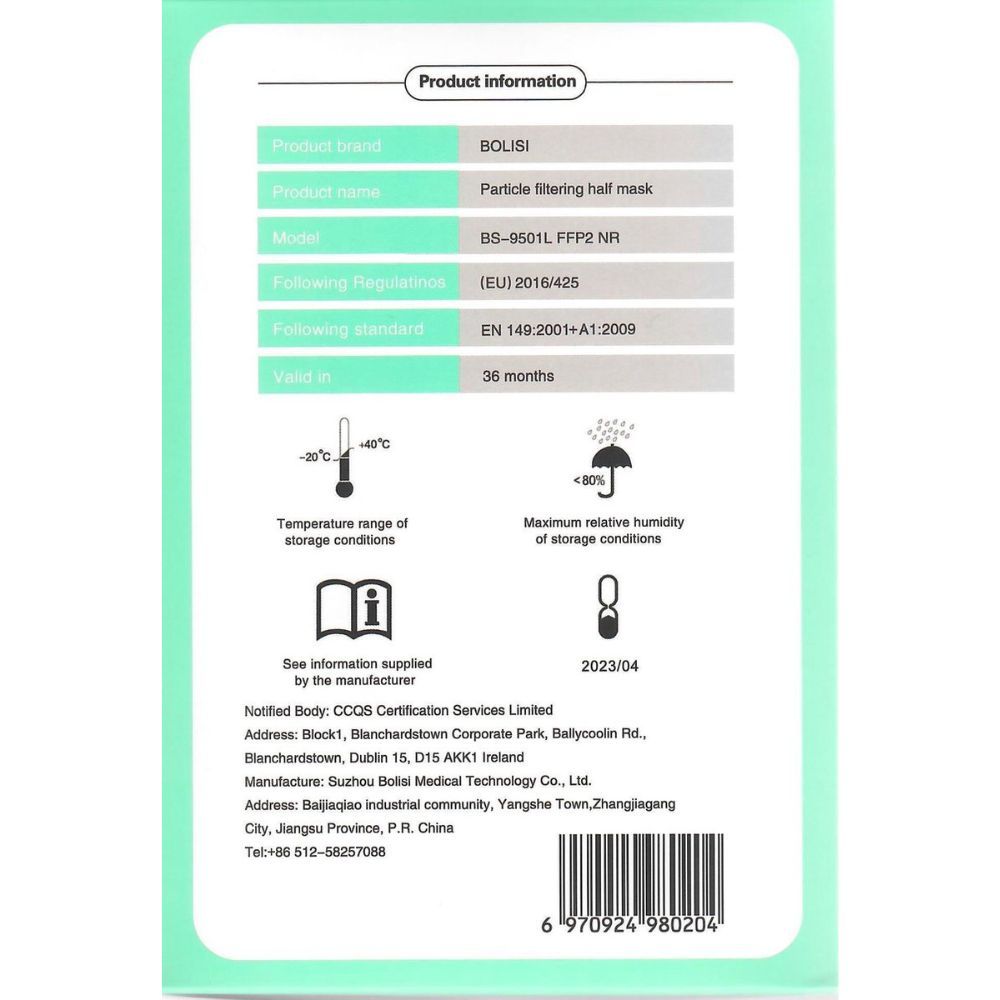 Rückseite der Verpackung. Produktinformationen: Bolisi, Partikelfilter-Halbmaske, Modell BS-9501L FFP2 NR, CE 2834. Lagerbedingungen, Gültigkeit 36 Monate.