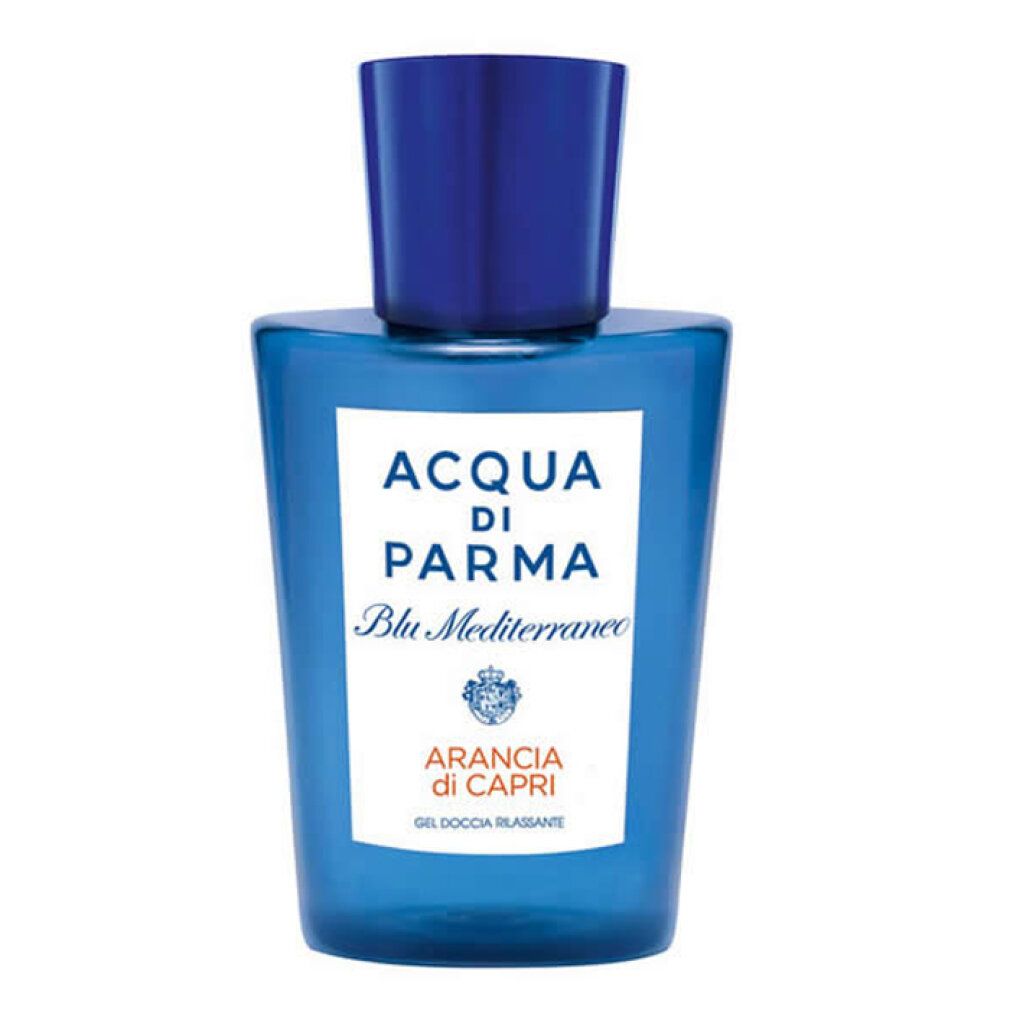 Blaues Duschgel mit weißem Etikett. Aufschrift: Acqua di Parma Blu Mediterraneo Arancia di Capri. Blaue Kappe.
