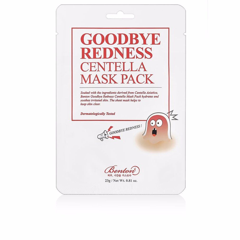 Weiße Verpackung mit rotem Text: Goodbye Redness Centella Mask Pack. Enthält eine Illustration und das Logo.