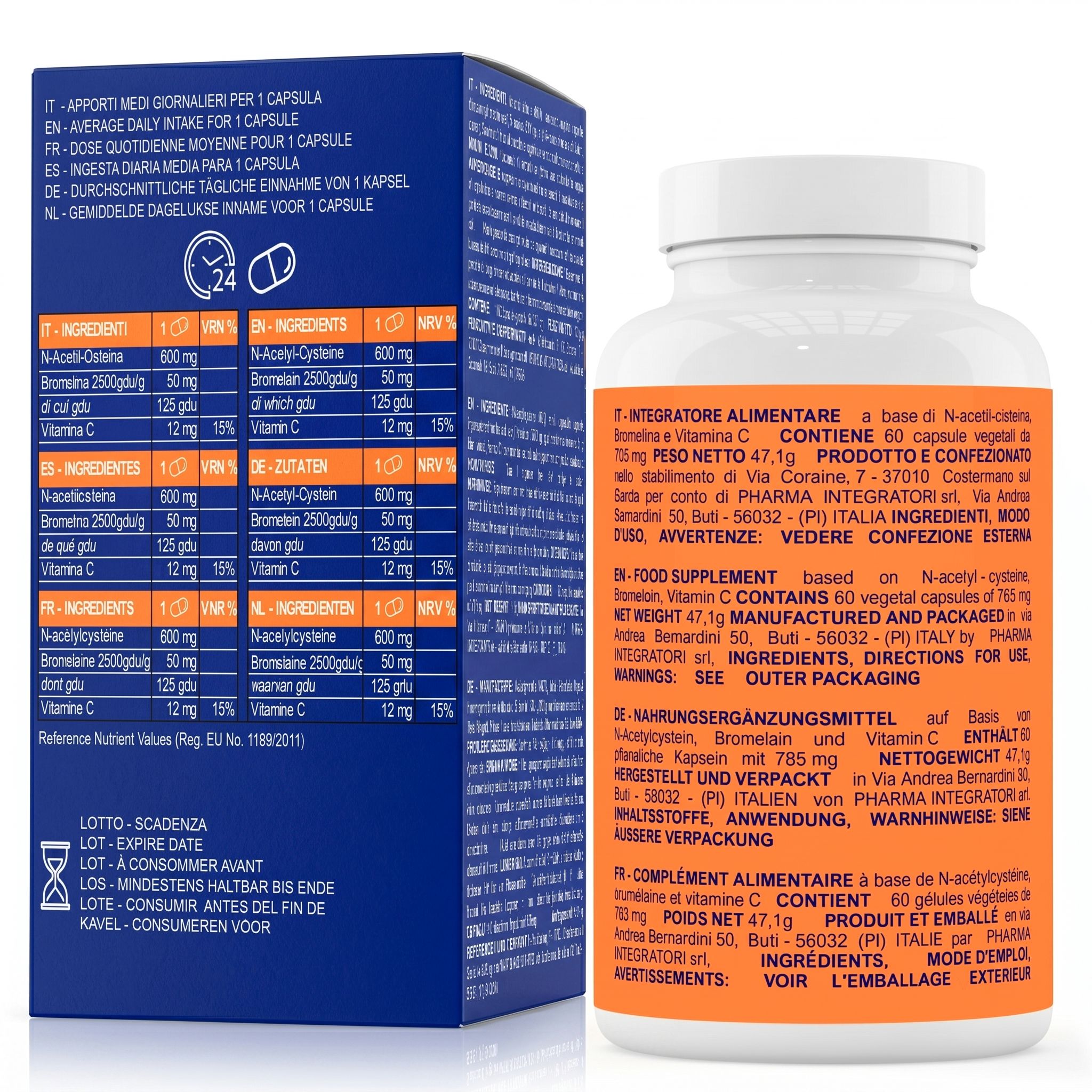 Rückseite der NAC N-Acetylcystein Dose und Verpackung mit Zutatenliste und Dosierung.