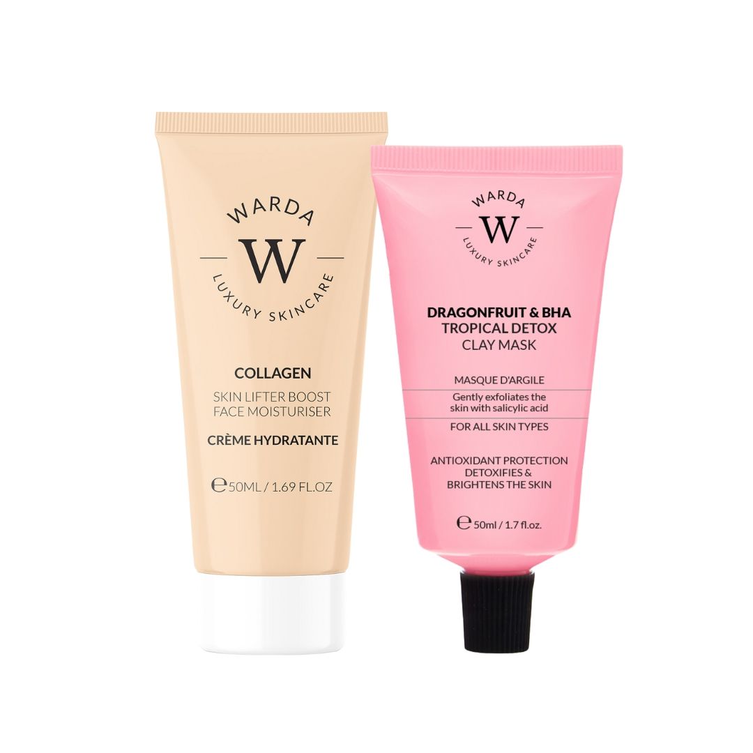 Zwei Tuben Warda Skincare Produkte. Links: Creme, rechts: Maske. Beide mit Schriftzug und Logo. 50ml.