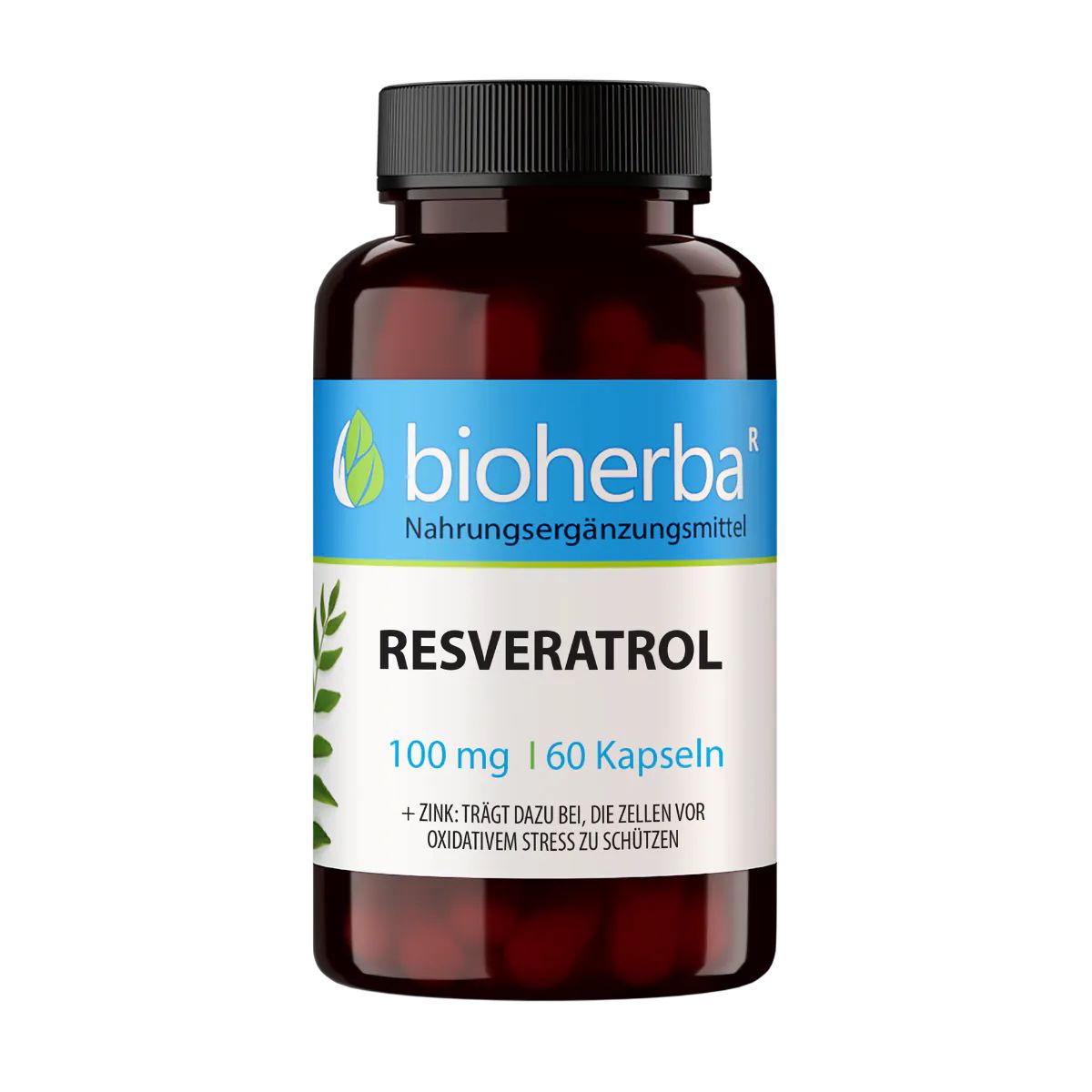 Braune Flasche mit schwarzen Deckel. Enthält Kapseln. Aufschrift: bioherba Resveratrol, 100 mg, 60 Kapseln.