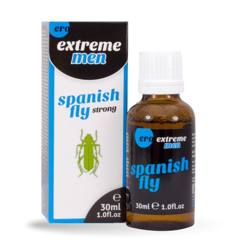 Braune Flüssigkeit in einer Flasche und Schachtel. Auf der Schachtel steht "Ero extreme men Spanish fly strong".