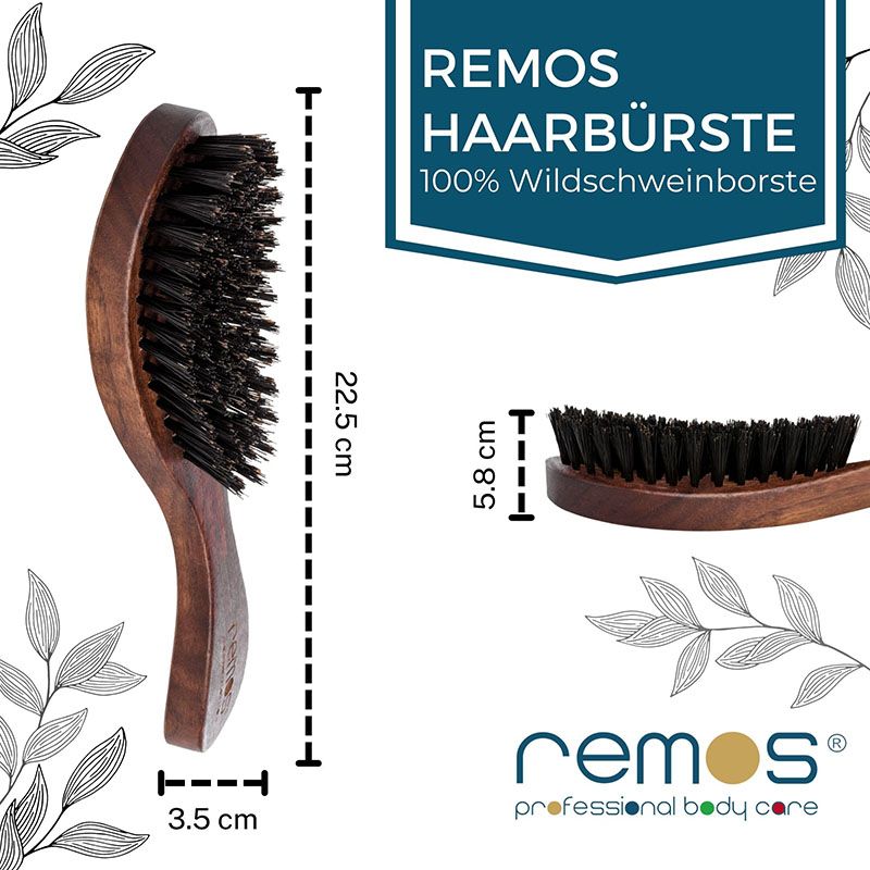 Haarbürste mit Wildschweinborsten. Maße: 22,5 cm lang, 5,8 cm breit, 3,5 cm dick. Marke: REMOS Professional Body Care.