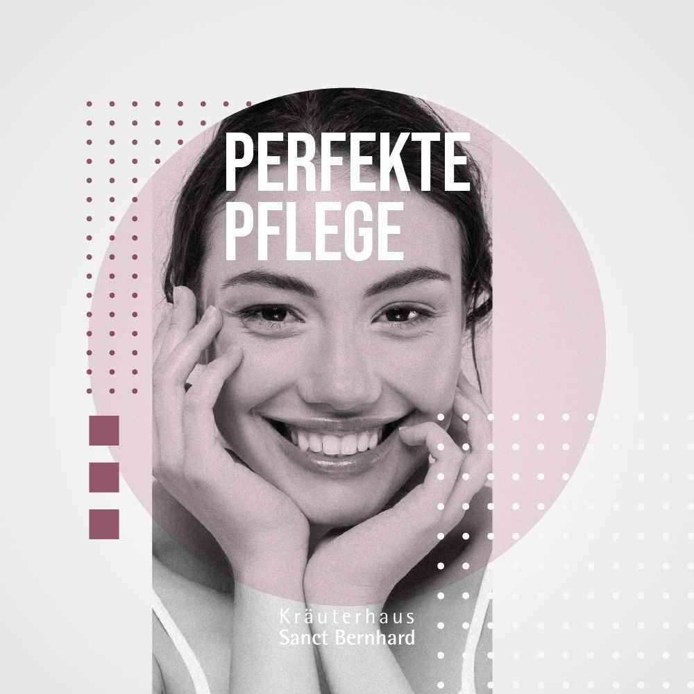 Frau lächelt. Text: Perfekte Pflege. Kräuterhaus Sanct Bernhard.