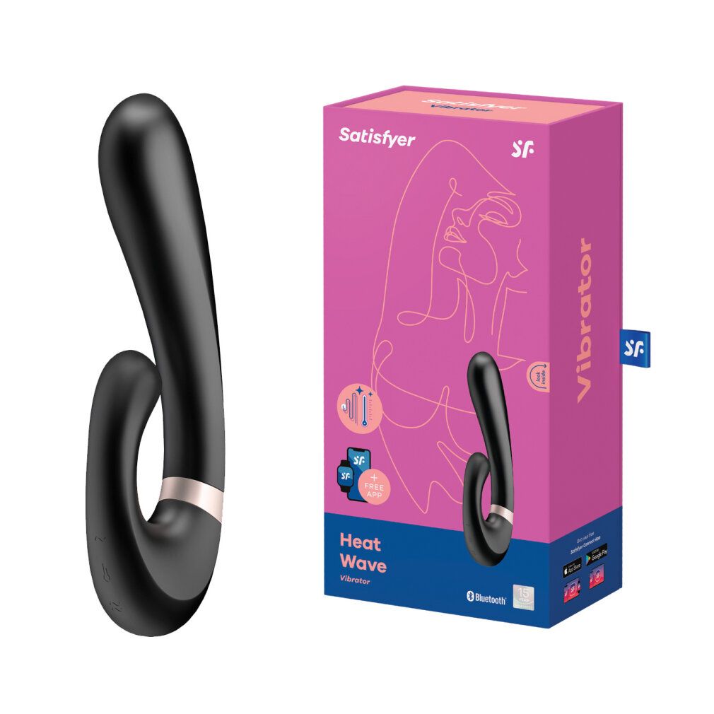 Schwarzer Vibrator mit Verpackung. Verpackung mit Produktabbildung, Schriftzug "Satisfyer", "Heat Wave" und App-Logo.