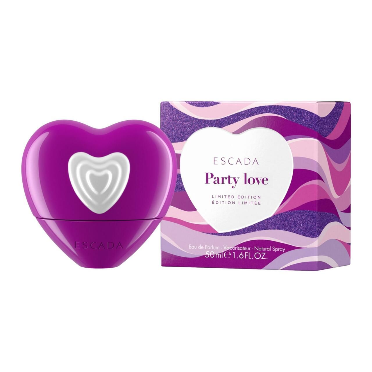 Lila Herzflakon und Schachtel. Auf der Schachtel: Escada Party Love, Limited Edition.