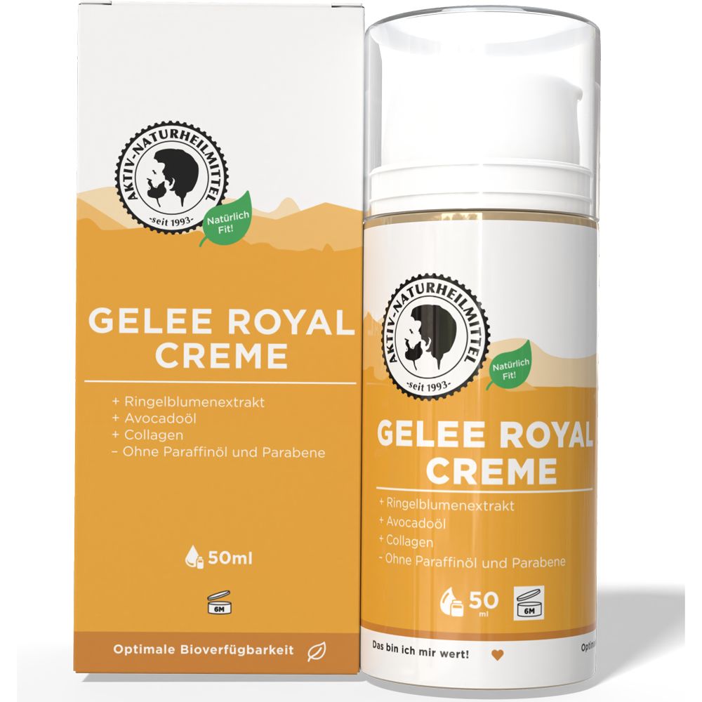 Creme-Flakon und Schachtel. Aufschrift: Gelee Royal Creme. Enthält Ringelblumenextrakt, Avocadoöl, Collagen. 50ml.