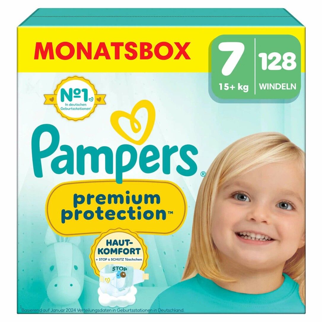 Pampers Premium Protection Monatsbox. Packung mit 128 Windeln, Größe 7 (15+ kg). Enthält Hautkomfort und Schutz.