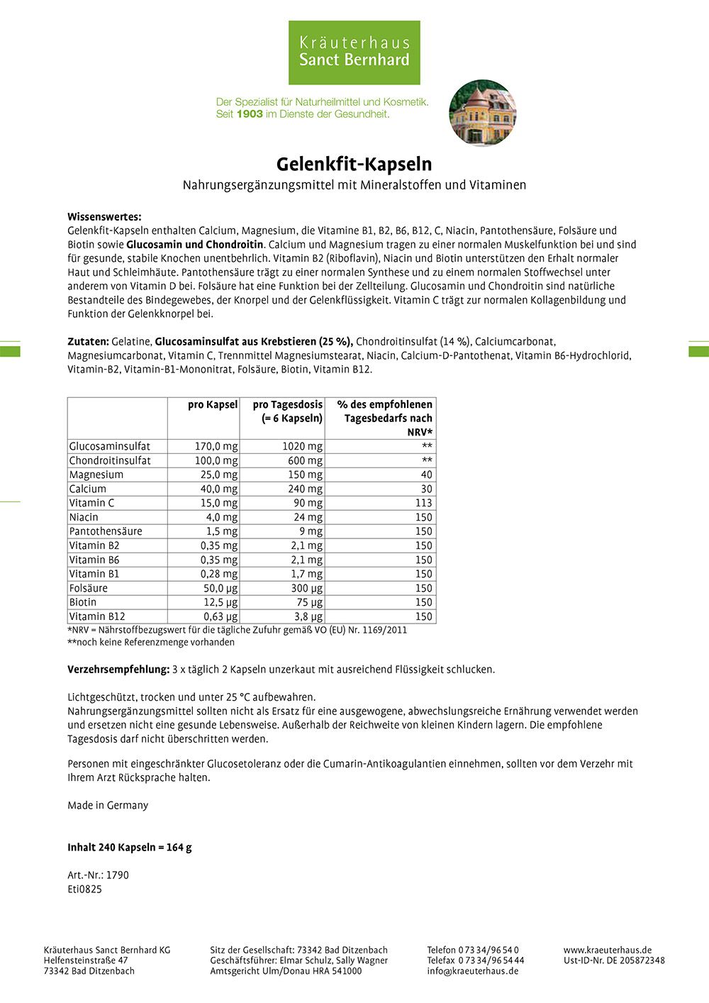 Tabellarische Auflistung der Inhaltsstoffe und Nährwerte von Gelenkfit-Kapseln. Enthält Informationen zu Vitaminen und Mineralstoffen.