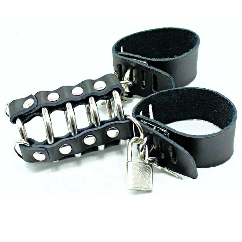Ohmama fetish leather strap metal ring cock cage with ball divider