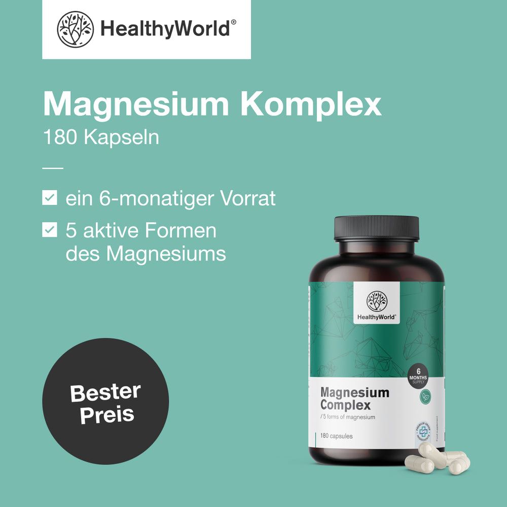 Flasche mit grünem Etikett. Aufschrift: Magnesium Komplex, 180 Kapseln. Logo: HealthyWorld. Text: ein 6-monatiger Vorrat, 5 aktive Formen des Magnesiums. Best Preis.