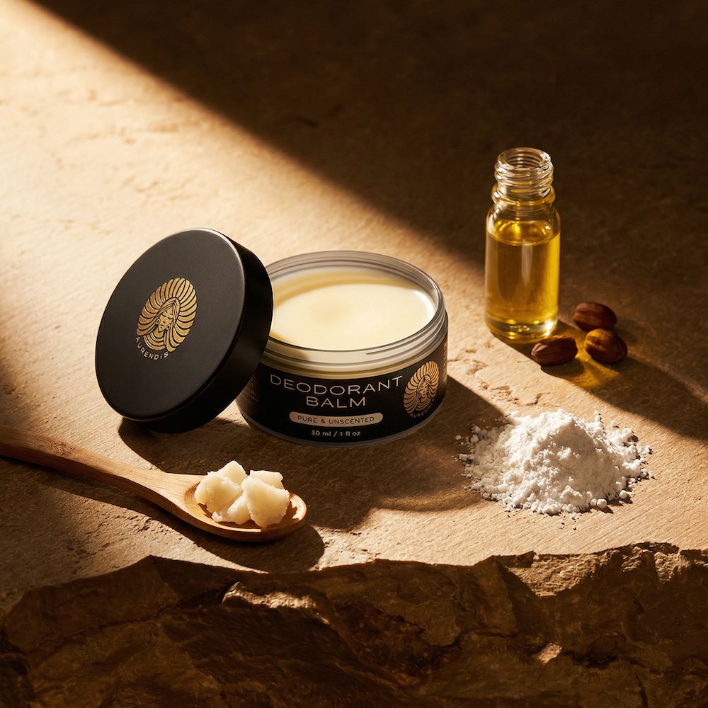 Deodorant Balm in einem Glas, Deckel daneben. Daneben Ölflasche, Samen, Pulver und Holz-Löffel mit festem Stoff.