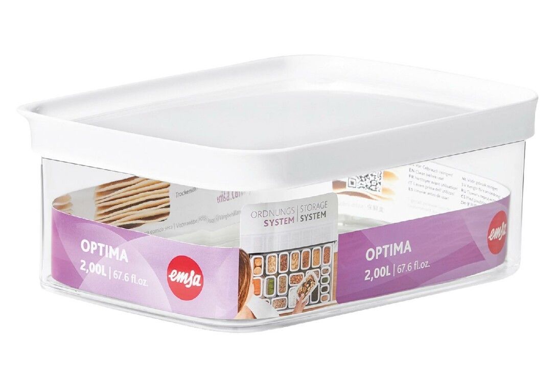 Transparente Vorratsdose mit weißem Deckel. Aufkleber mit Produktnamen und Logo. Fassungsvermögen: 2,0 Liter.