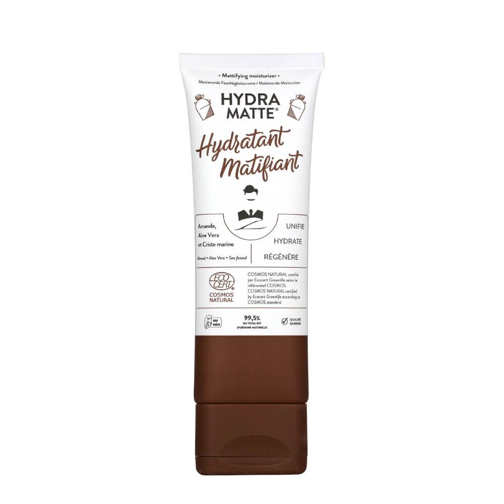 Tube "Hydra Matte Hydratant Matifiant". Aufschrift, Inhaltsstoffe und Zertifizierungen sind sichtbar. Marke: Monsieur BARBIER.