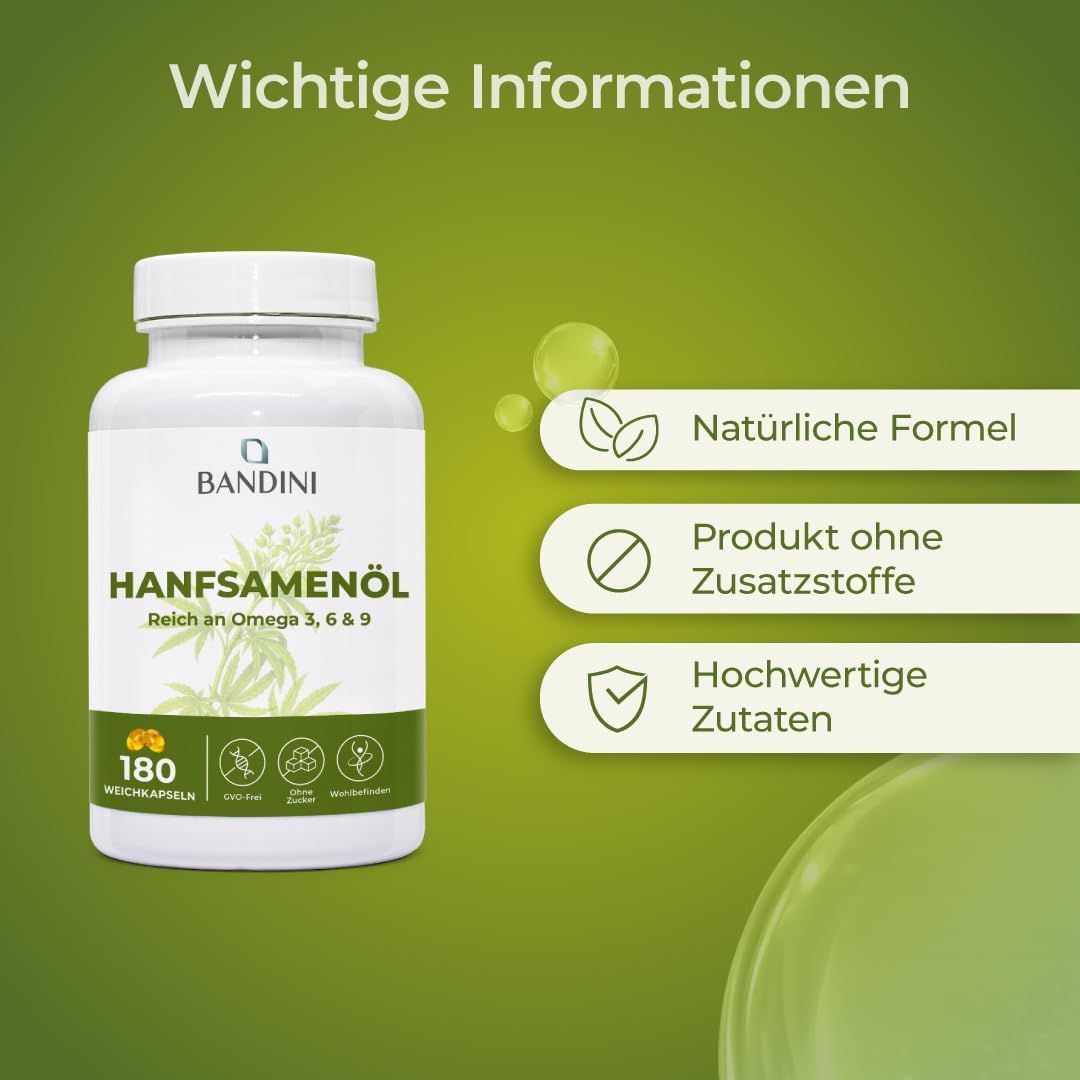 Bandini Hanfsamenöl, 180 Weichkapseln, natürliche Formel, hochwertige Zutaten.