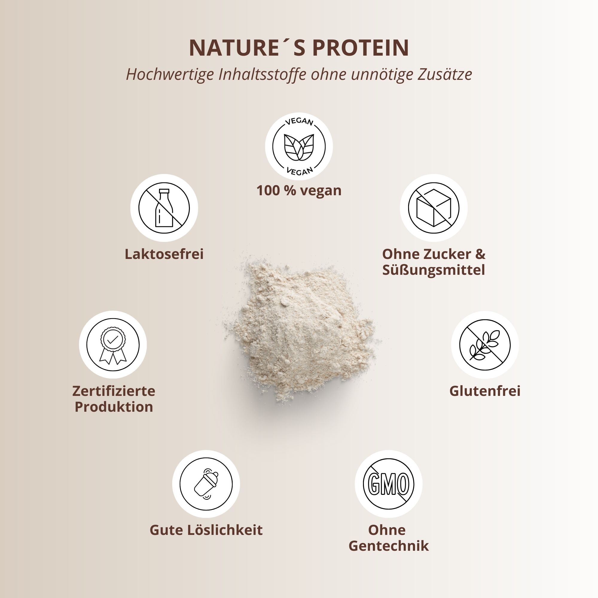 Kreisförmige Anordnung von Symbolen. Text: 100% vegan, laktosefrei, ohne Zucker & Süßungsmittel, glutenfrei, zertifizierte Produktion, gute Löslichkeit, ohne Gentechnik.