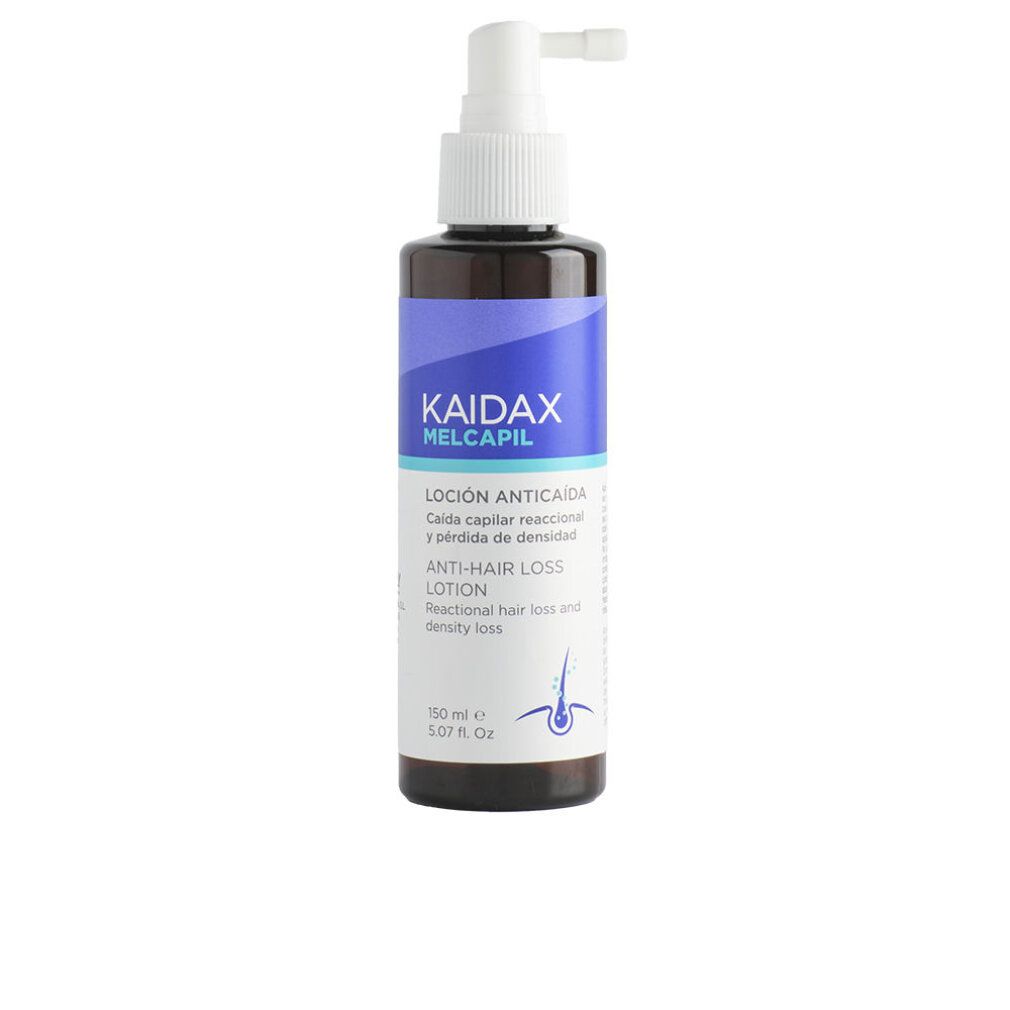 Topicrem Kaidax Melcapil Anti-Haarverlust Lotion: Braune Flasche mit Pumpspray-Applikator und Etikett, das 'Anti-Hair Loss Lotion' angibt.