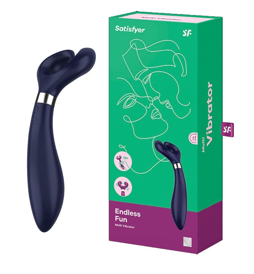 Produkt und Verpackung. Dunkelblauer Vibrator, U-förmig, neben grüner Schachtel. Marke: Satisfyer, Text: Endless Fun.