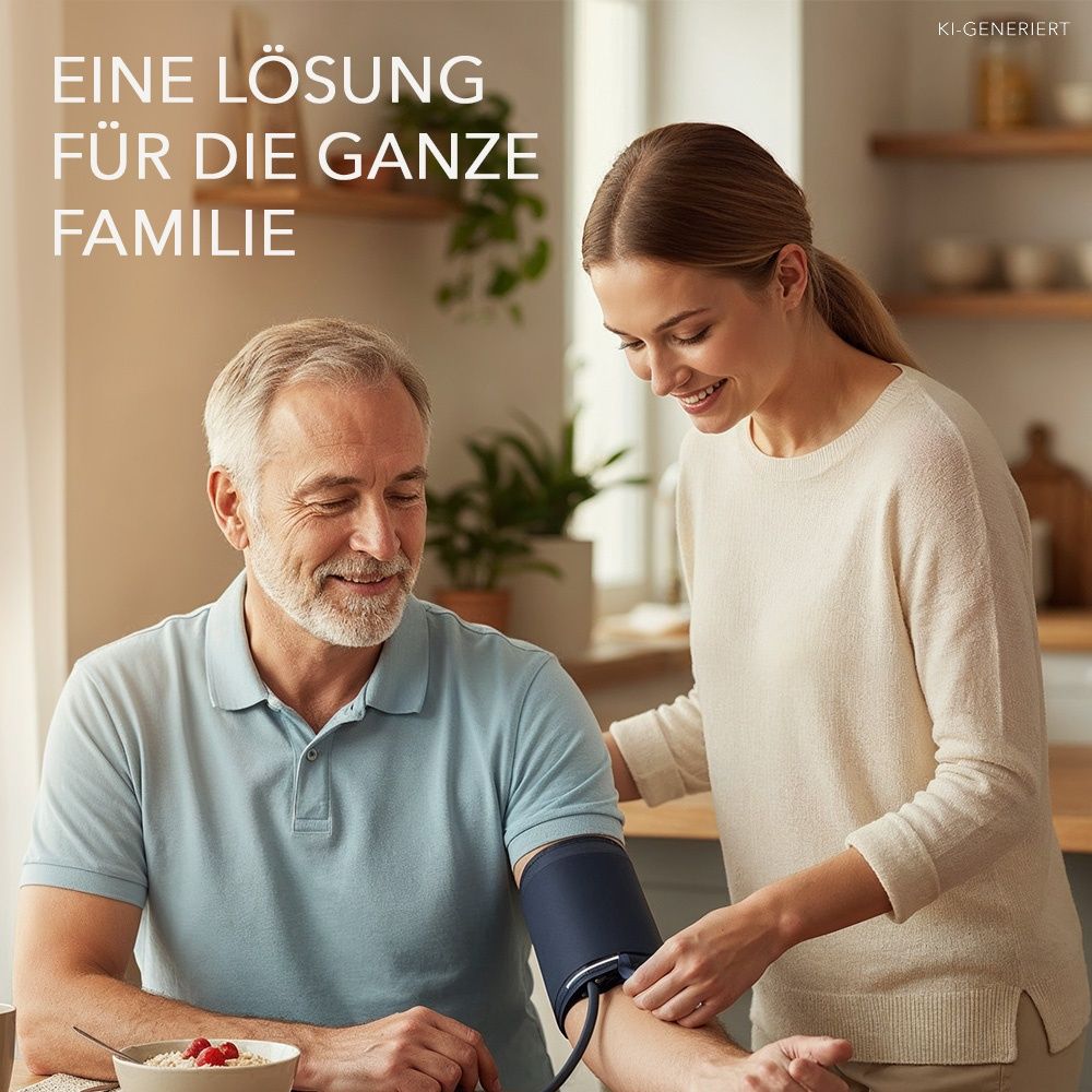 Mann und Frau mit Manschette am Arm des Mannes. Text: Eine Lösung für die ganze Familie.
