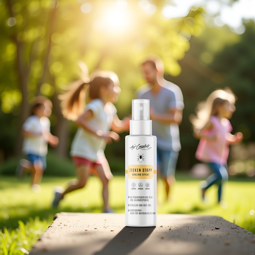 Air Creative Zecken Stopp Spray. Familie im Park. Produkt im Vordergrund. Kinder spielen im Hintergrund.