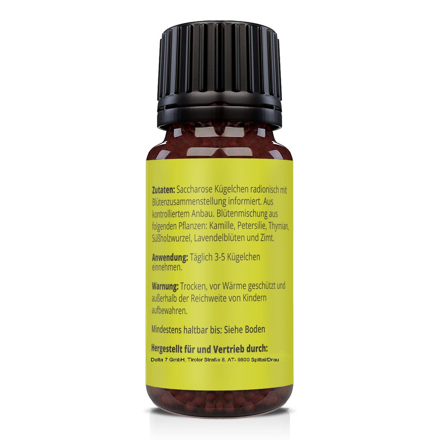 Braune Flasche mit gelbem Etikett. Text: Zutaten, Anwendung, Warnung. Rückansicht.