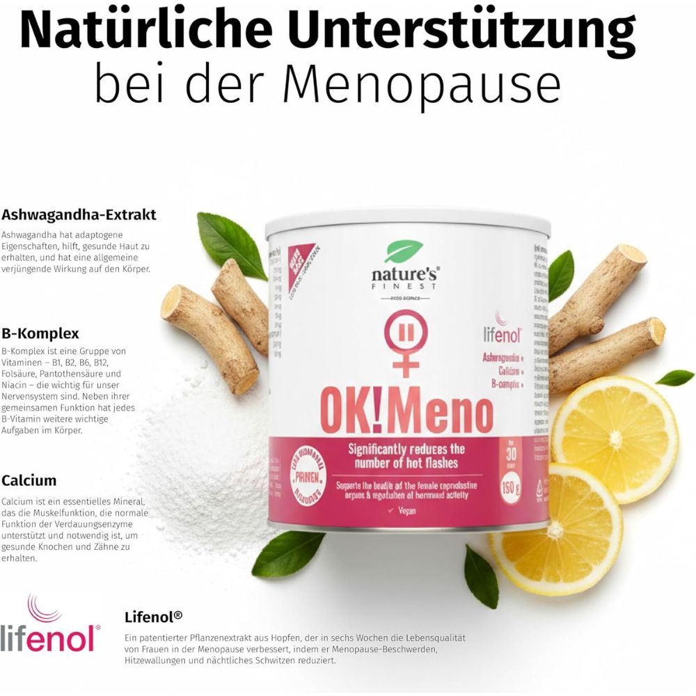 Nature's Finest OK!Meno Dose mit Ashwagandha, B-Komplex, Calcium. Natürliche Unterstützung bei Wechseljahresbeschwerden.