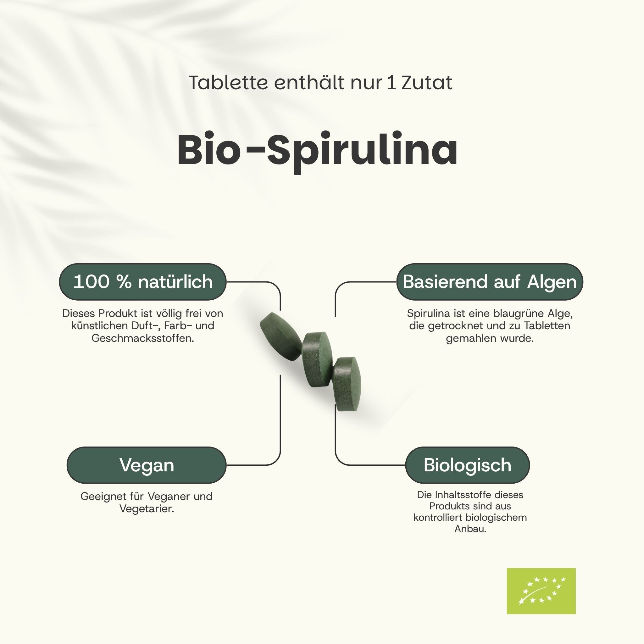 Beutel mit Spirulina-Tabletten. Text: Spirulina Organic Tablets. 300 Tabletten. Enthält 500 mg Spirulina. Bio-Siegel.