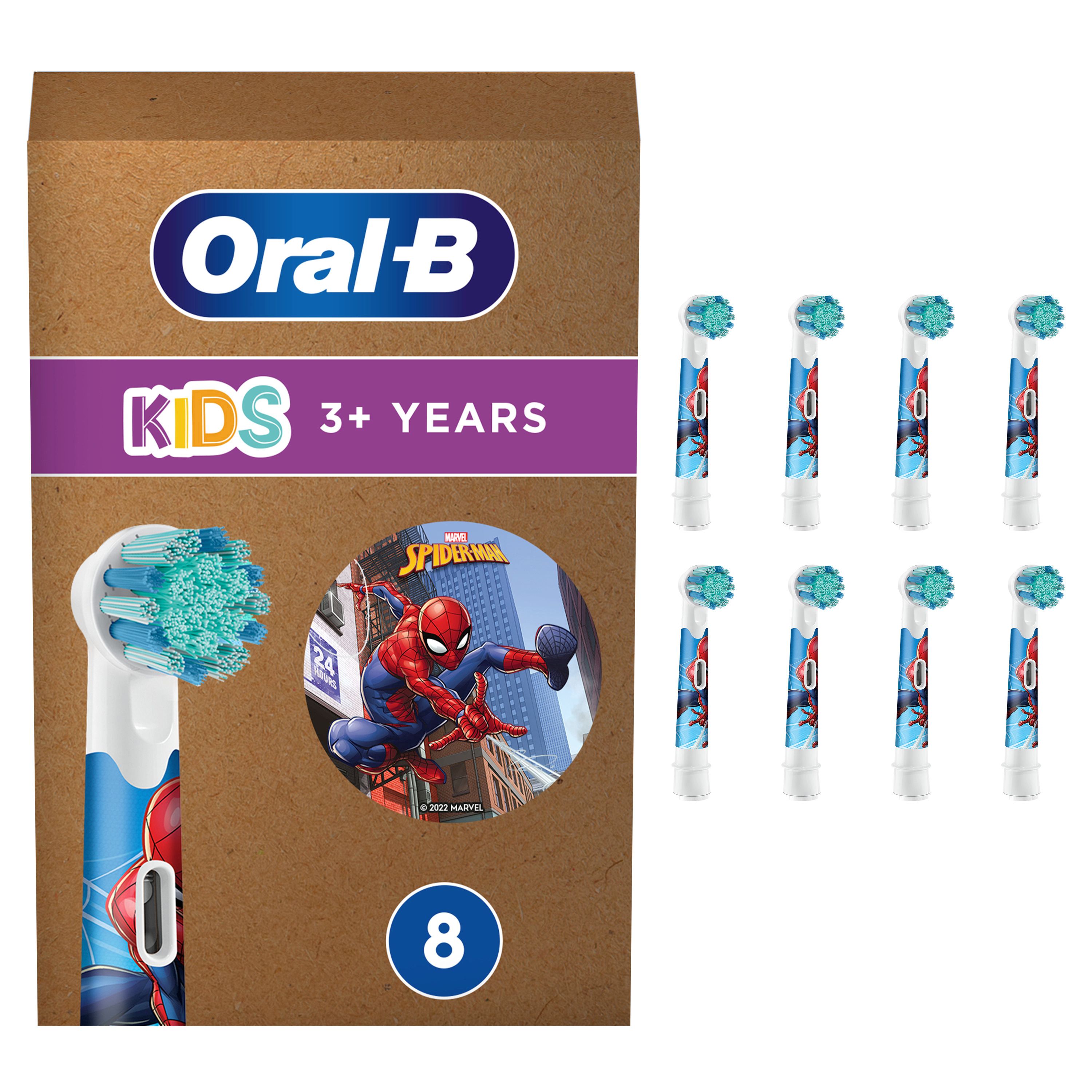 Packung mit Oral-B Kids Spiderman Aufsteckbürsten. Enthält 8 Bürstenköpfe. Auf der Verpackung ist Spiderman abgebildet.