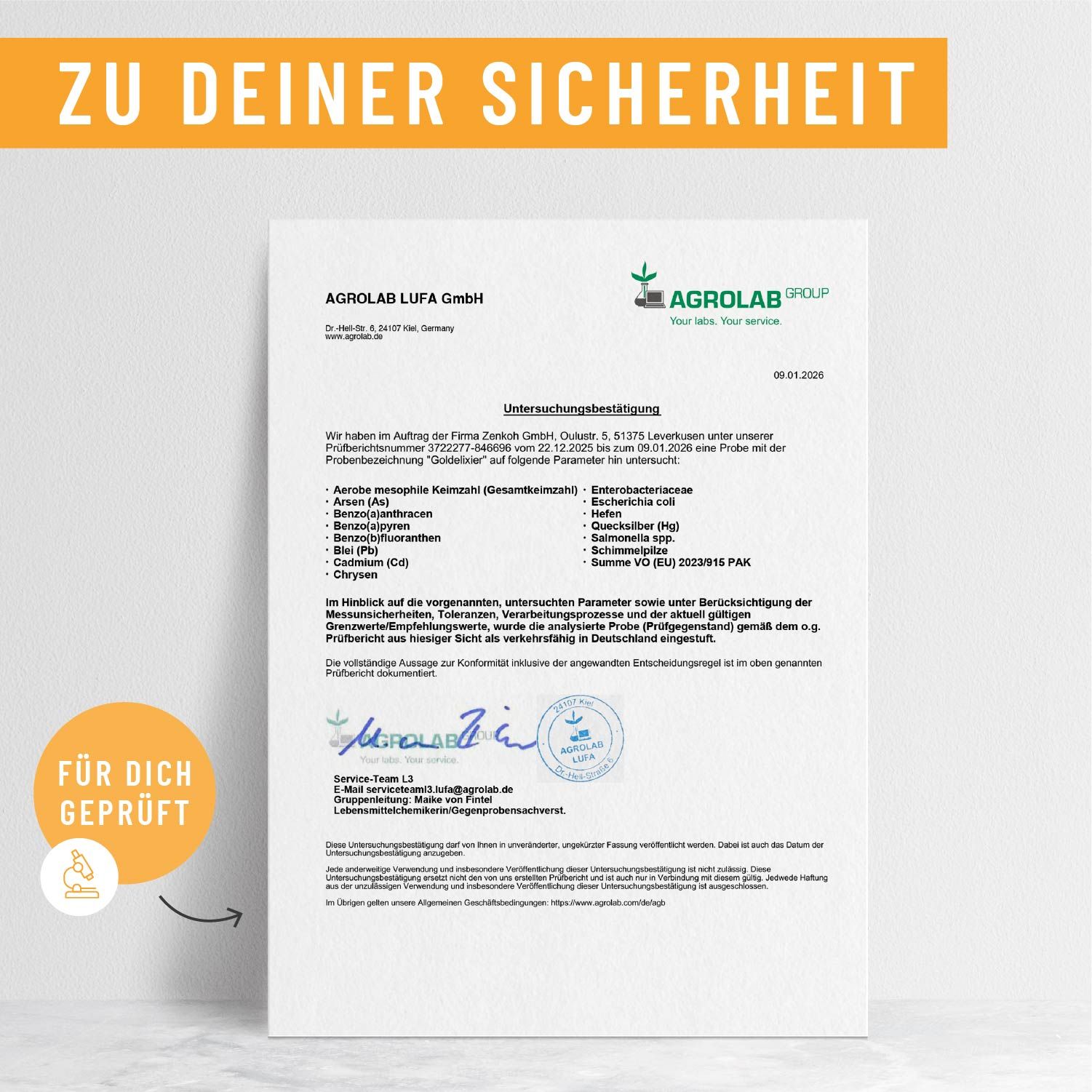 Zertifikat der AGROLAB LUFA GmbH. Unterschriften und Stempel. Text: Zu deiner Sicherheit. Text: Für dich geprüft.