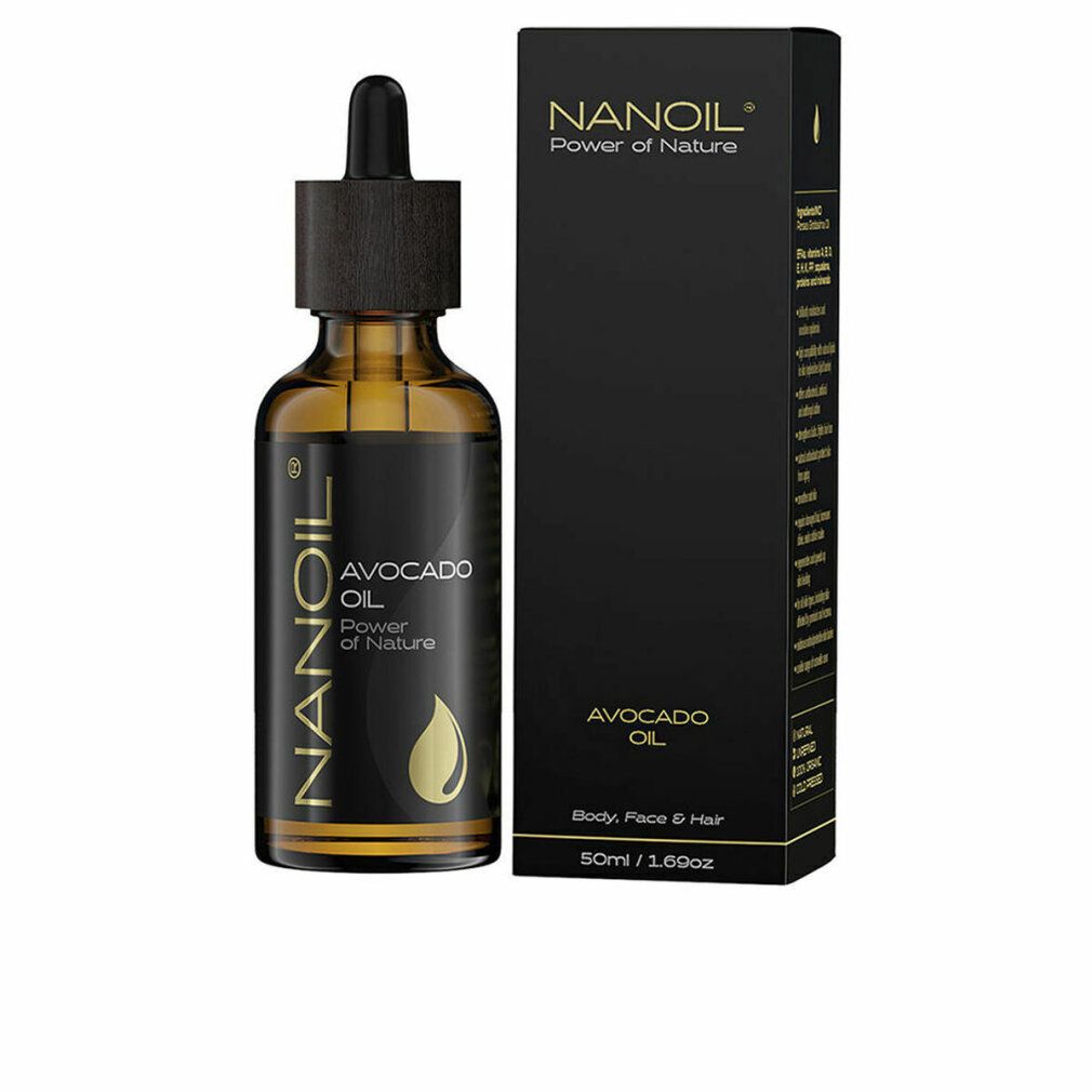 Braune Glasflasche mit Pipette und schwarzer Verpackung. Aufschrift: NANOIL Avocado Oil. Power of Nature. Für Körper, Gesicht & Haar.