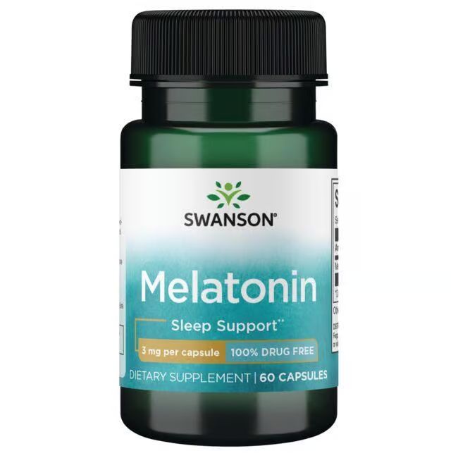 Grüne Flasche mit weißem Etikett. Aufschrift: SWANSON Melatonin, 3 mg pro Kapsel, 60 Kapseln. Schwarzer Deckel.