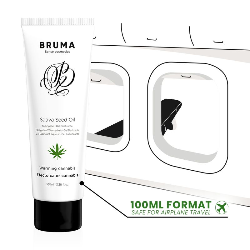 Weiße Tube, schwarzer Deckel. Aufschrift: Bruma, Sativa Seed Oil, Warming cannabis. Cannabis-Blatt-Symbol. Text: 100ml Format. Sicher für Flugreisen.
