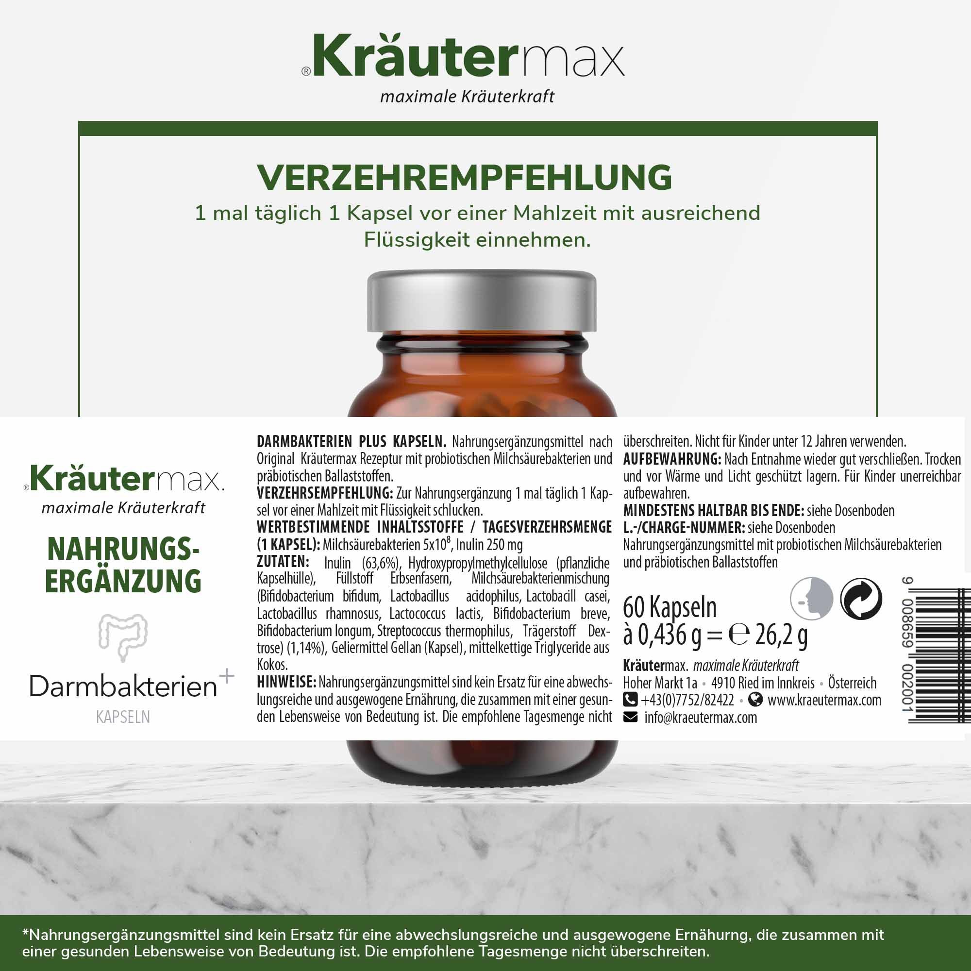 Kräutermax Darmbakterien plus Kapseln Flasche. Etikett mit Inhaltsstoffen und Verzehrempfehlung. Text: Nahrungsergänzungsmittel.