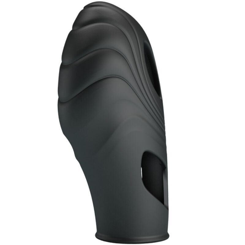Schwarze Fingerhülle mit wellenförmiger Oberfläche und zwei Öffnungen. Ansicht von der Seite.
