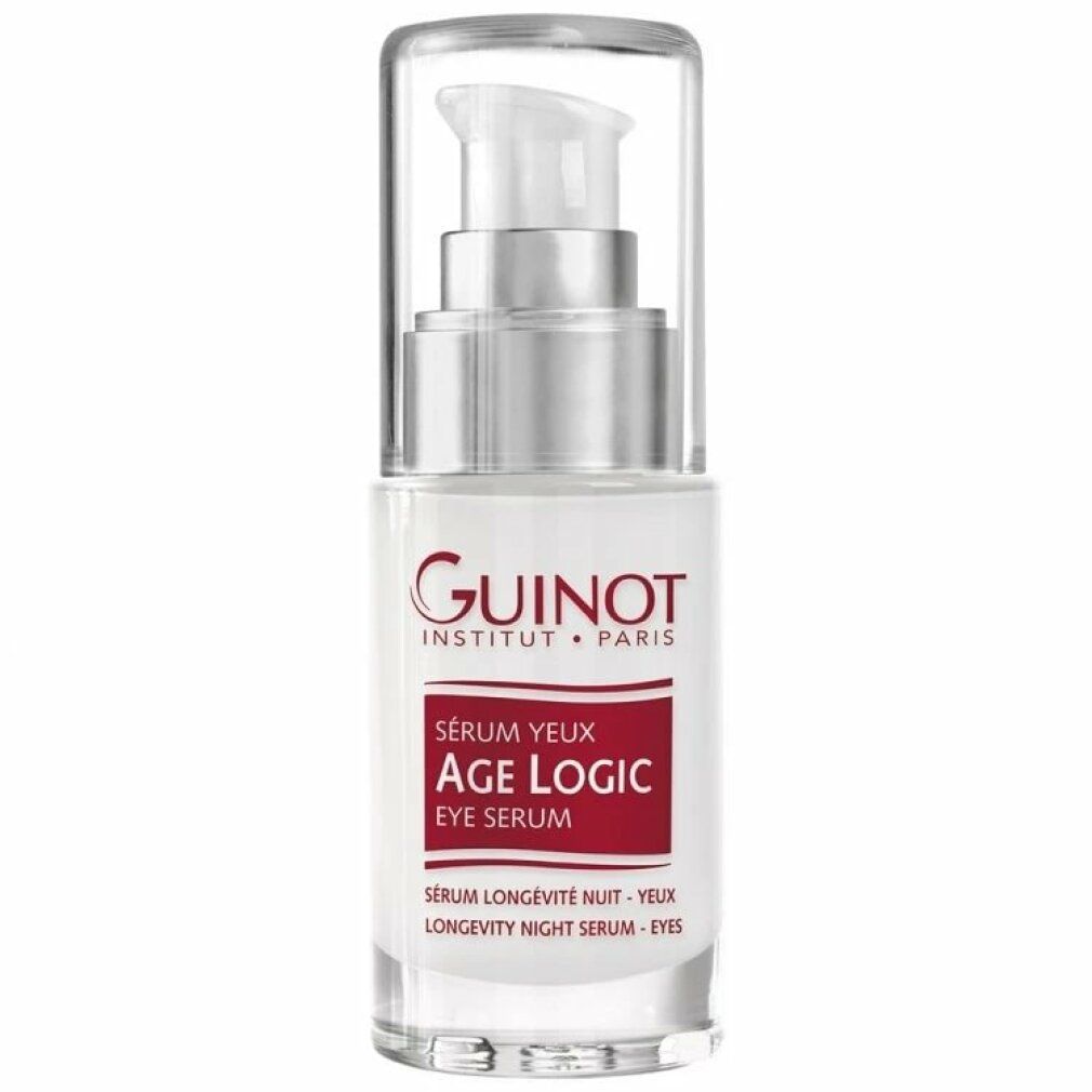 Serumflasche mit Pumpe. Aufschrift: Guinot, Age Logic Eye Serum. Klare Glasflasche mit silberner Pumpe und weißem Etikett.
