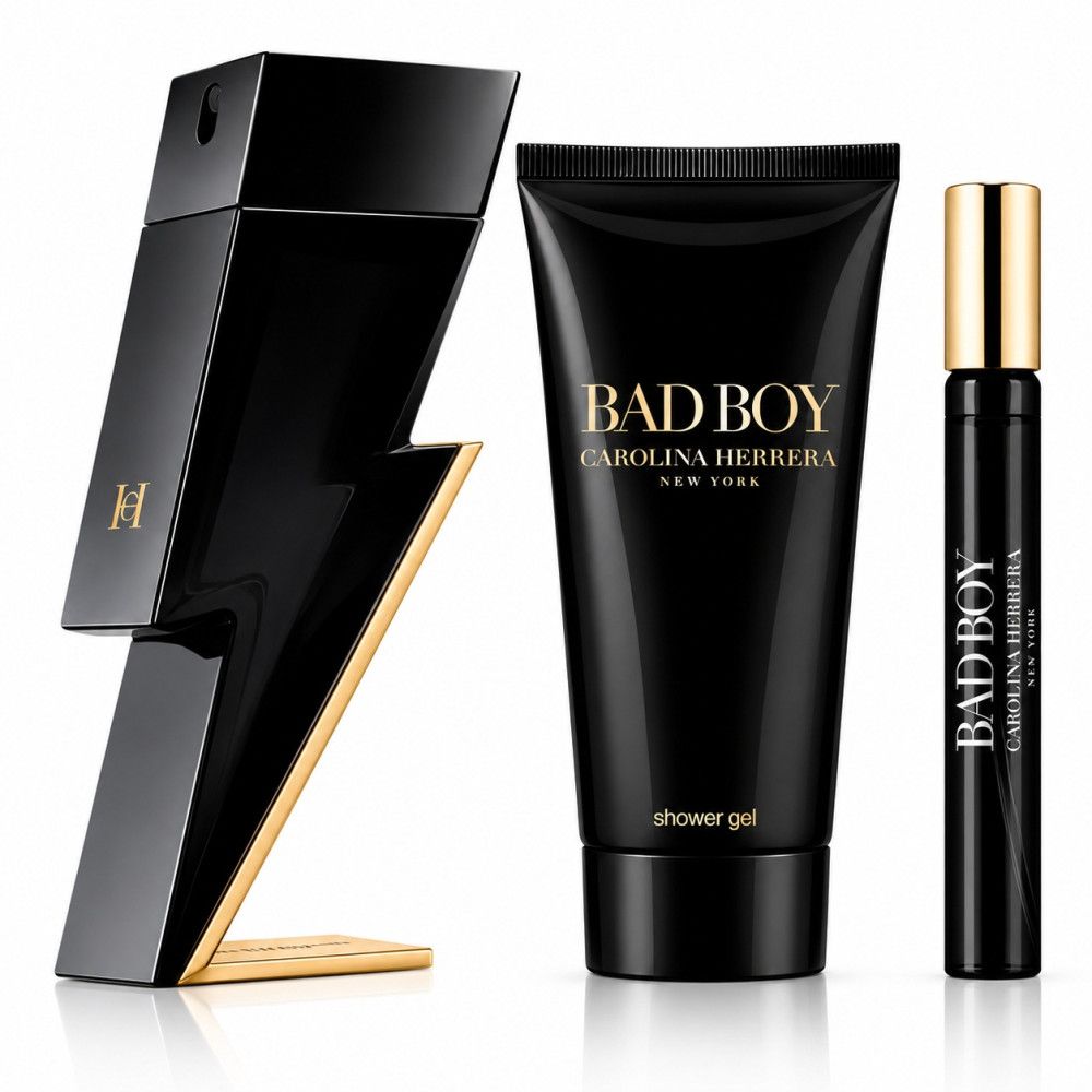 Carolina Herrera Bad Boy Parfümflakon, Duschgel und Reisezerstäuber.