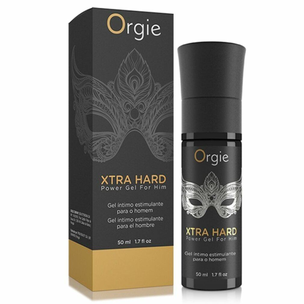 Schwarze Flasche und Verpackung. Logo und Produktname. Text: XTRA HARD Power Gel For Him. Unten: 50 ml 1.7 fl oz.