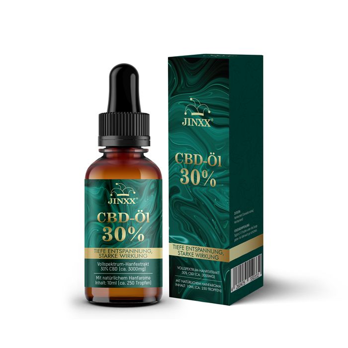 Braune Glasflasche und Schachtel. Flasche: "Jinxx" und "CBD-Öl 30%". Schachtel: gleiches Design. Vollspektrum-Hanfextrakt. Goldene Akzente.