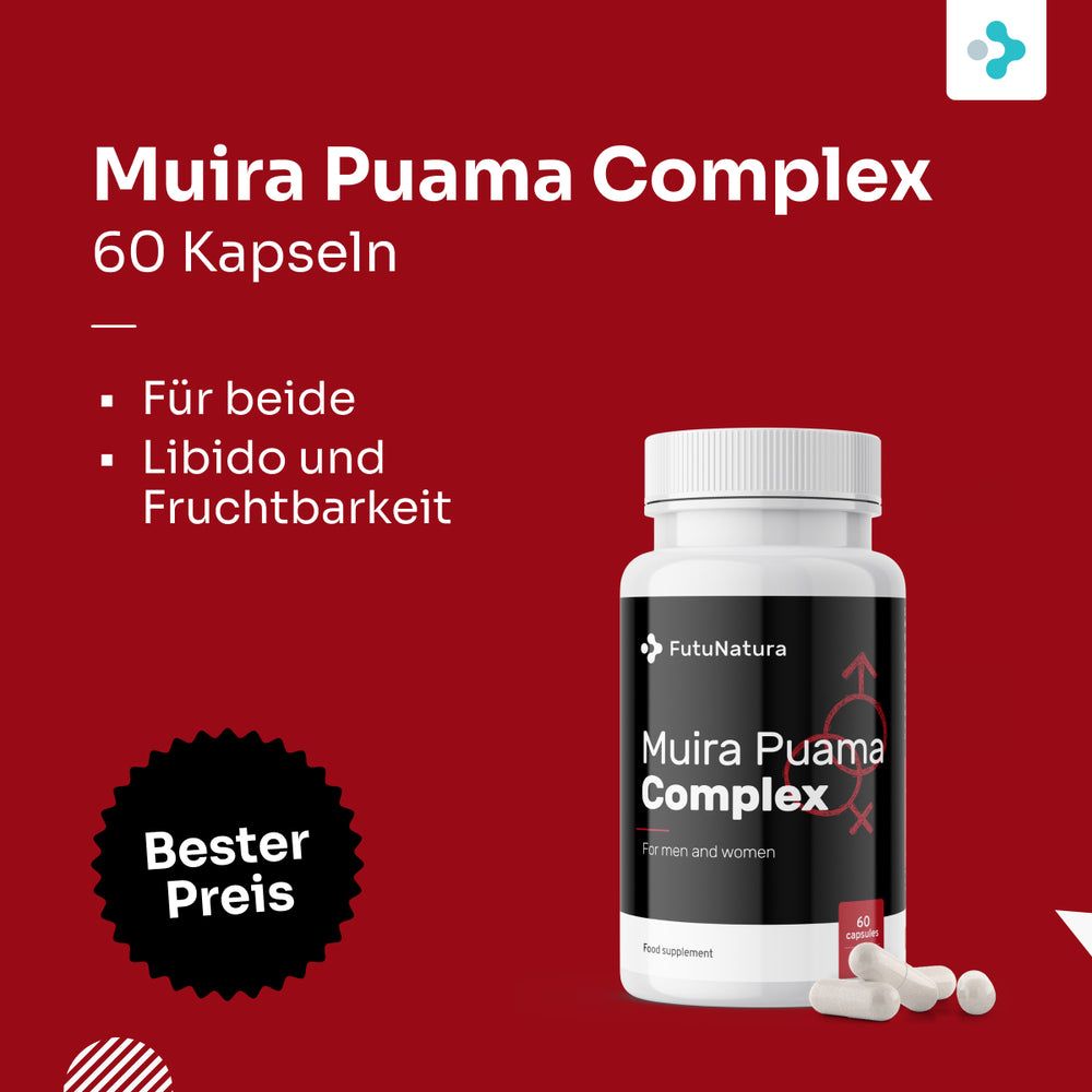 Flasche FutuNatura Muira Puama Complex, 60 Kapseln, mit "Bester Preis" Siegel.