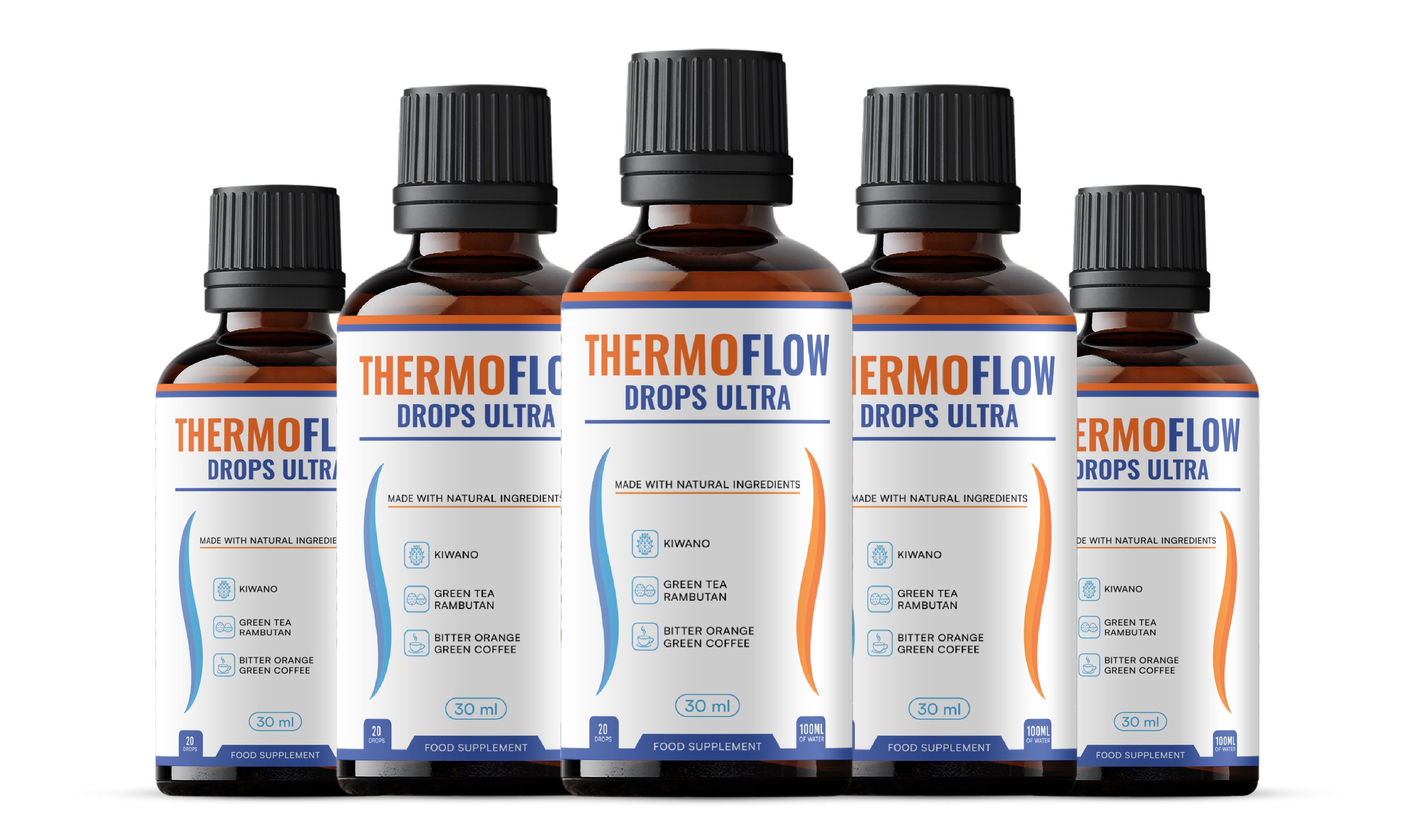 Fünf Flaschen Thermoflow Drops Ultra, 30 ml pro Flasche, mit natürlichen Inhaltsstoffen.