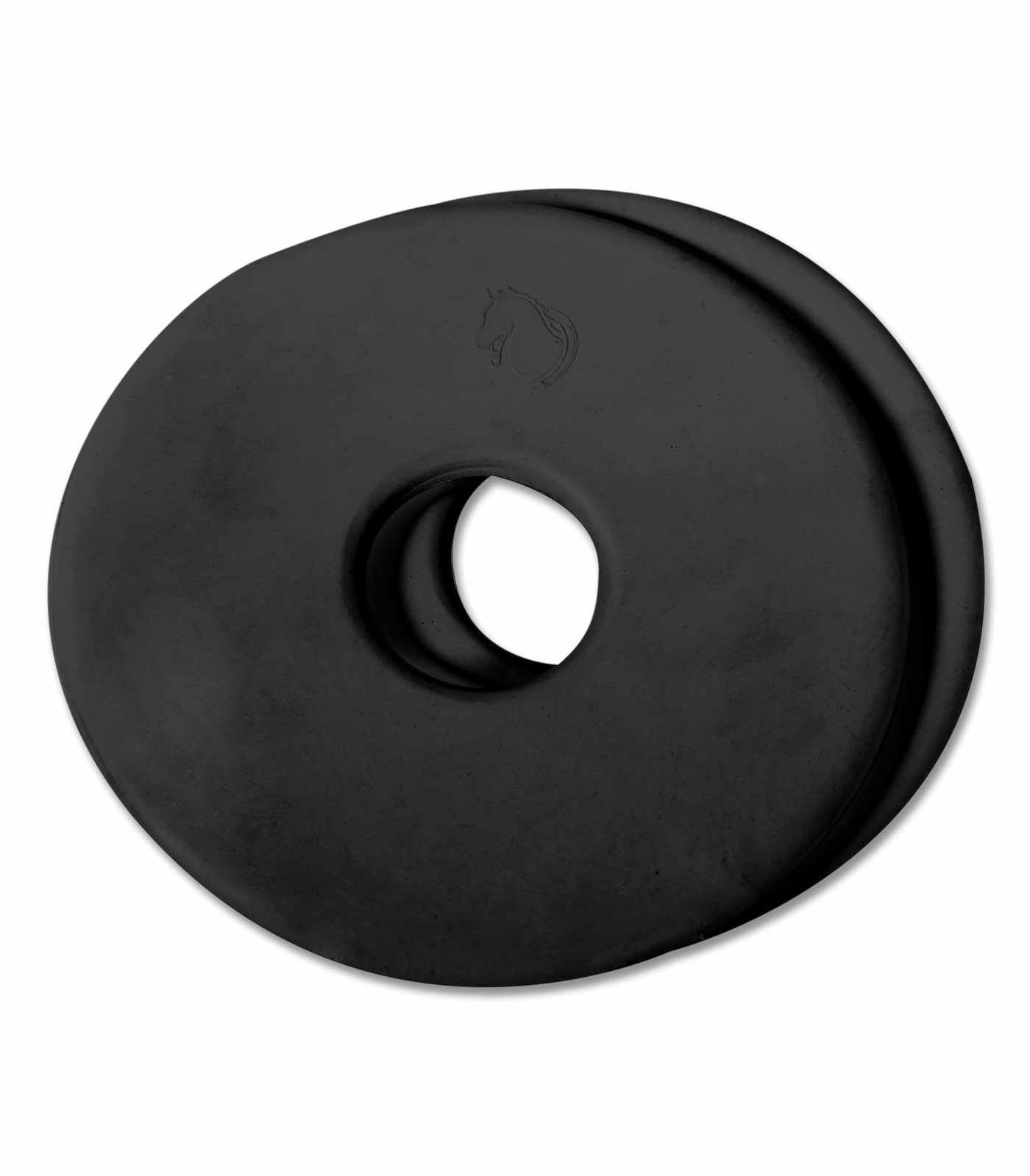 Schwarze Gebissscheibe mit Loch in der Mitte. Kleines Logo. Runde Form.