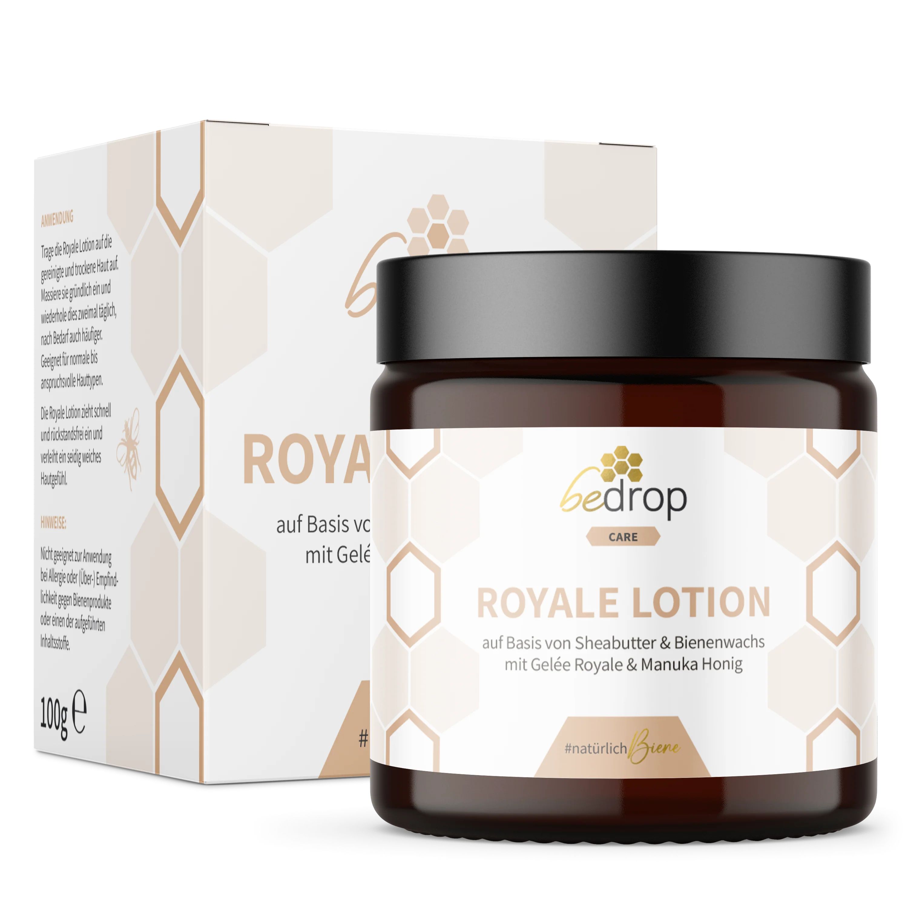 Braunes Glas mit schwarzem Deckel und weißer Verpackung. Aufschrift: Royale Lotion, Gelée Royale, Sheabutter, Akazienhonig.