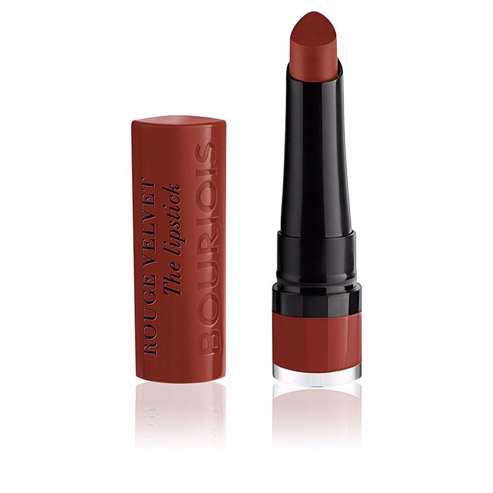 Rotbrauner Lippenstift. Geöffnet, Stift und Kappe daneben. Aufschrift: BOURJOIS ROUGE VELVET The lipstick.