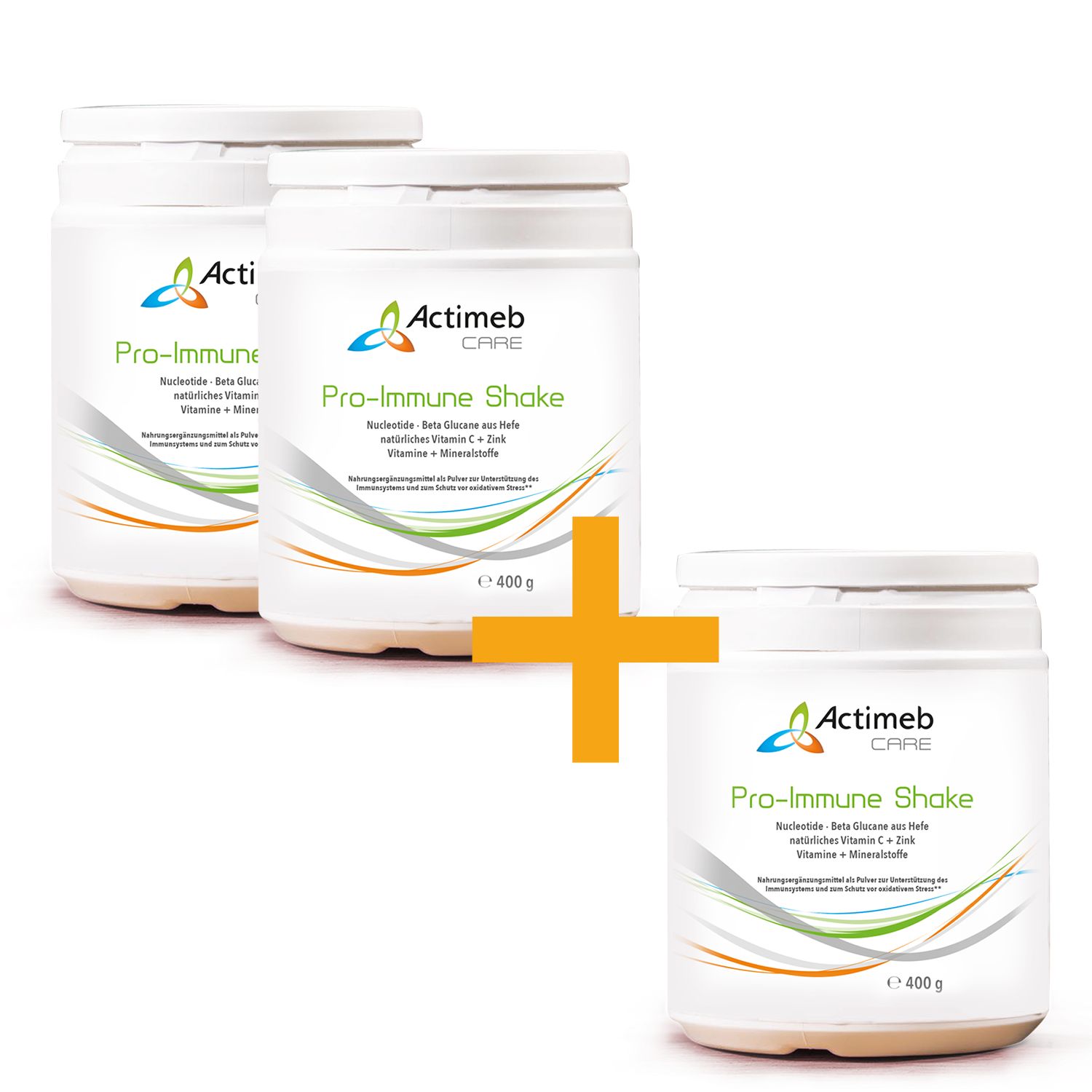 Drei weiße Behälter mit Actimeb Pro-Immune Shake. Plus-Zeichen und ein weiterer Behälter. Text: 2 + 1 GRATIS!