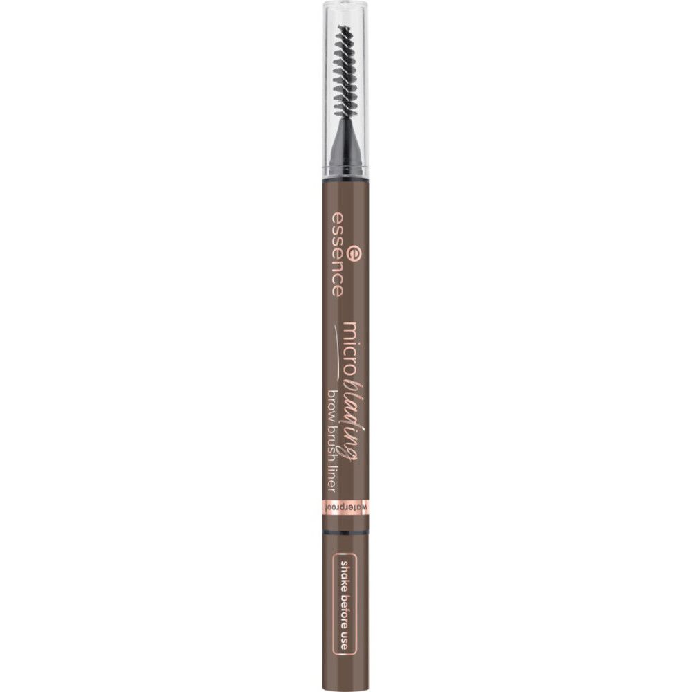 Brauenstift mit Bürste. Dunkelbrauner Stift mit Schriftzug. Transparente Kappe. Aufschrift: Microblading brow brush liner.