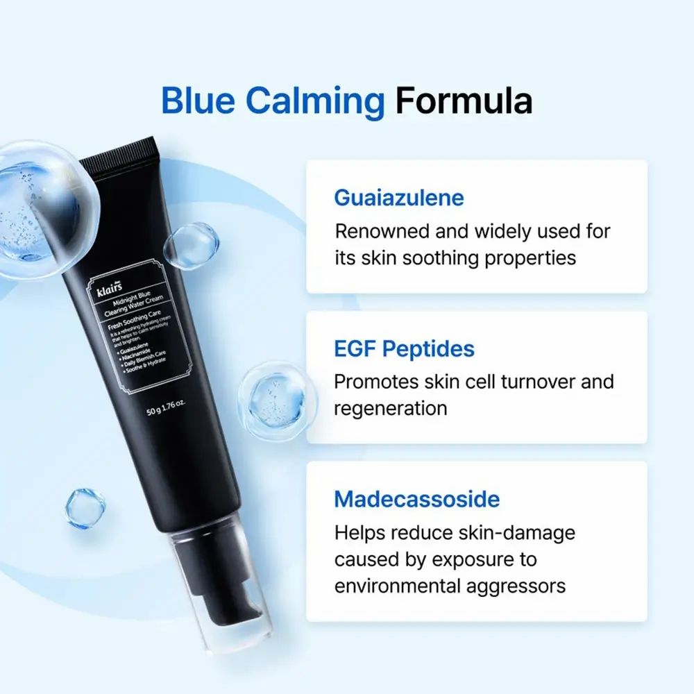 Produkt- und Inhaltsstoff-Informationen. Text: Guaiazulen, EGF Peptide, Madecassoside. Blaue Kreise.