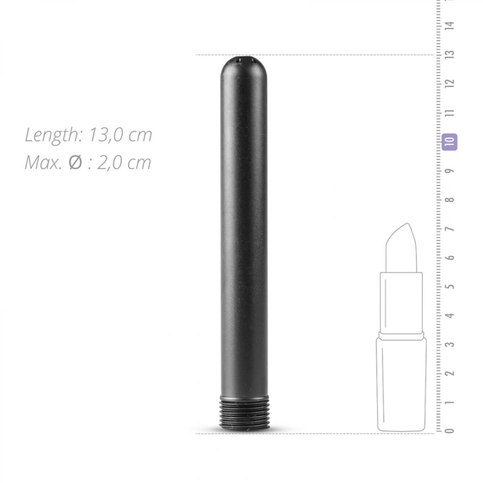 Schwarzer zylindrischer Aufsatz. Länge 13,0 cm, Durchmesser 2,0 cm. Neben einer Lippenstift-Illustration und einem Lineal.